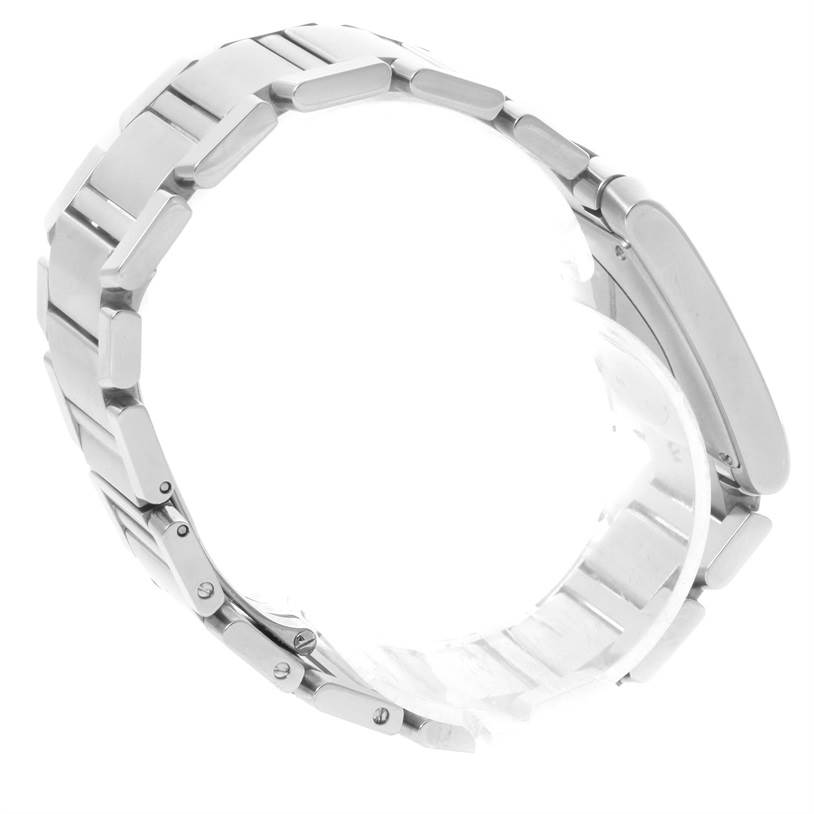 The image shows the metal bracelet of a Cartier Tank Francaise Stainless Steel Silver Dial Stainless Steel Silver Dial watch from a side angle.