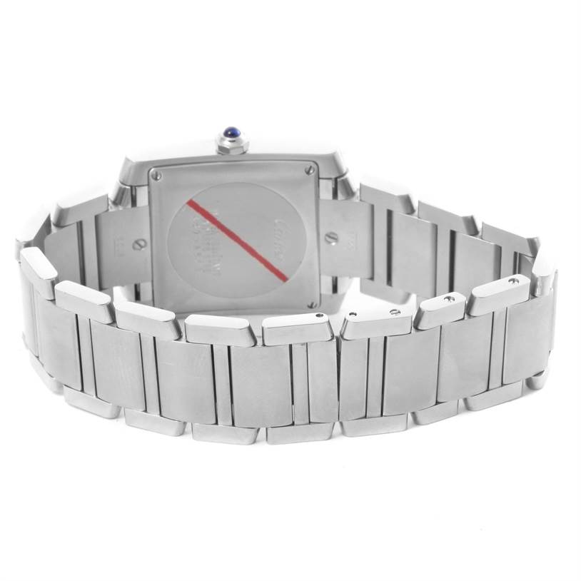 The image shows the back case and bracelet of the Cartier Tank Francaise Stainless Steel Silver Dial Stainless Steel Silver Dial watch from a rear angle.