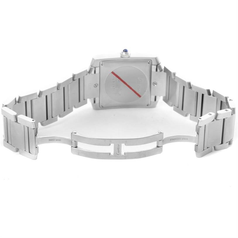 The image shows the back view and the metal bracelet of the Cartier Tank Francaise Stainless Steel Silver Dial Stainless Steel Silver Dial watch.