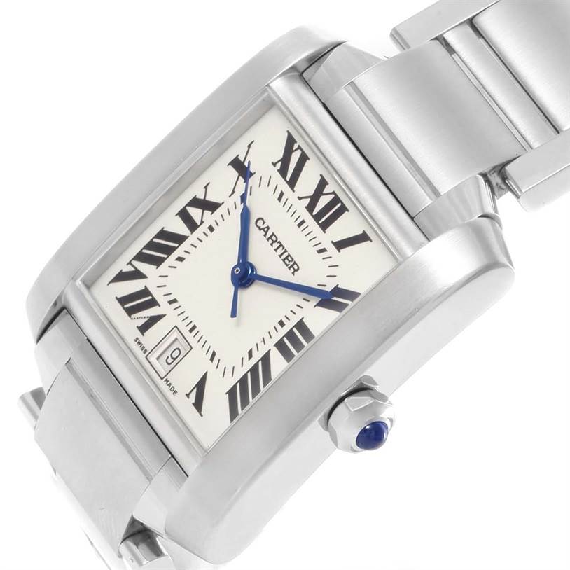 The image shows the Cartier Tank Francaise Stainless Steel Silver Dial Stainless Steel Silver Dial watch at an angle, highlighting the face, crown, and part of the bracelet.