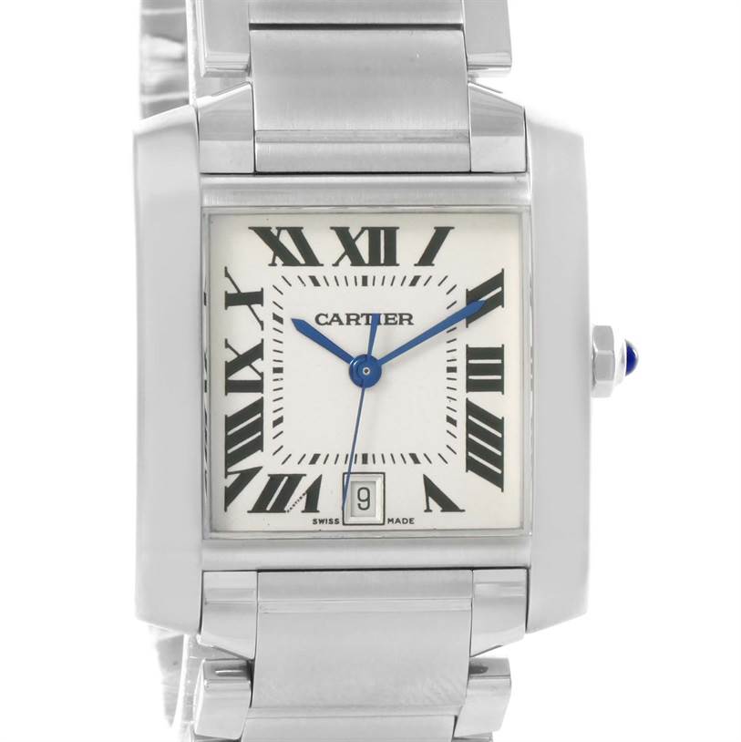 The image shows a front view of the Cartier Tank Francaise Stainless Steel Silver Dial Stainless Steel Silver Dial watch, highlighting its square dial, Roman numerals, and stainless steel bracelet.