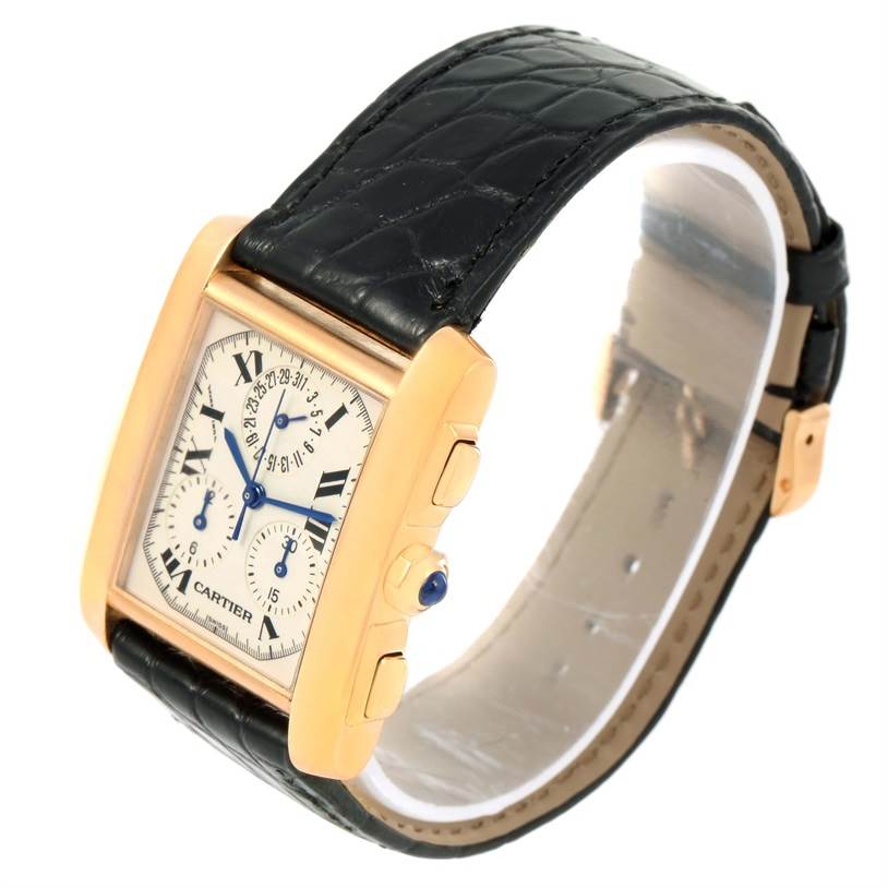 The Cartier Tank Française watch is shown from an angled side view, displaying its black leather strap and gold case.