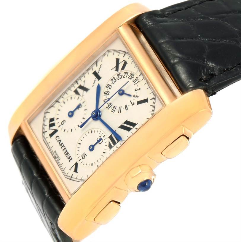 The image shows a close-up side angle of the Cartier Tank Française watch, highlighting the bezel, dial, crown, and strap.