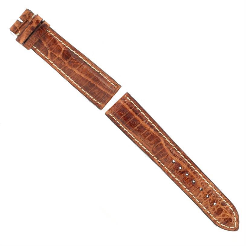 This image shows a brown leather watch strap for a Cartier Tank Francaise W5000556 Men
s Yellow Gold Silver Dial W5000556 Men
s Yellow Gold Silver Dial, displayed flat and fully extended.