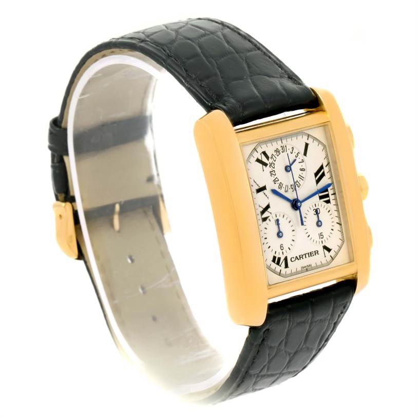 The Cartier Tank Française watch is shown at a slight angle, highlighting its rectangular face and black leather strap.