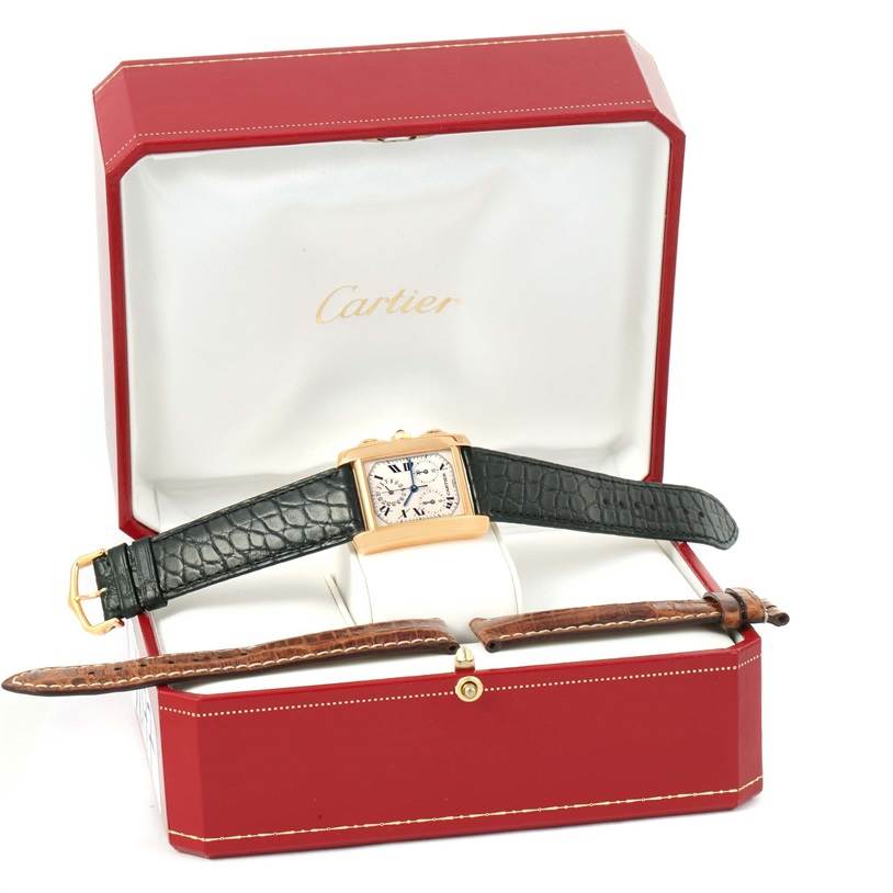The Cartier Tank Francaise W5000556 Men
s Yellow Gold Silver Dial W5000556 Men
s Yellow Gold Silver Dial watch is presented frontally in its box with two additional leather straps.
