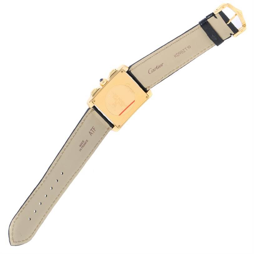 The image shows the back view of a Cartier Tank Française watch, highlighting the strap, clasp, and caseback.