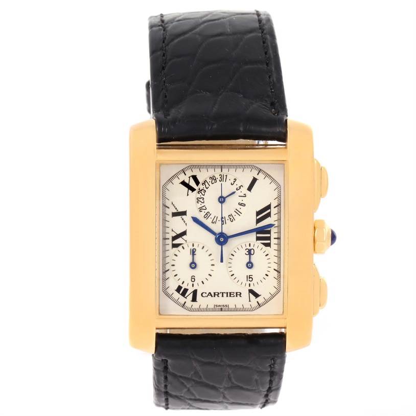 The image shows a Cartier Tank Française watch from the front, displaying its face, strap, and side buttons.