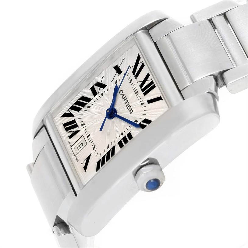 The Cartier Tank Francaise W51002Q3 Stainless Steel Silver Dial W51002Q3 Stainless Steel Silver Dial watch is shown in a close-up at an angle, featuring its face, crown, and part of the bracelet.
