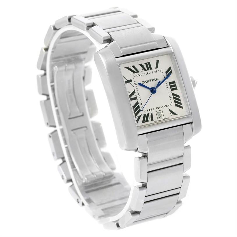The image shows a Cartier Tank Francaise W51002Q3 Stainless Steel Silver Dial W51002Q3 Stainless Steel Silver Dial watch from an angled side view with its bracelet and face clearly visible.