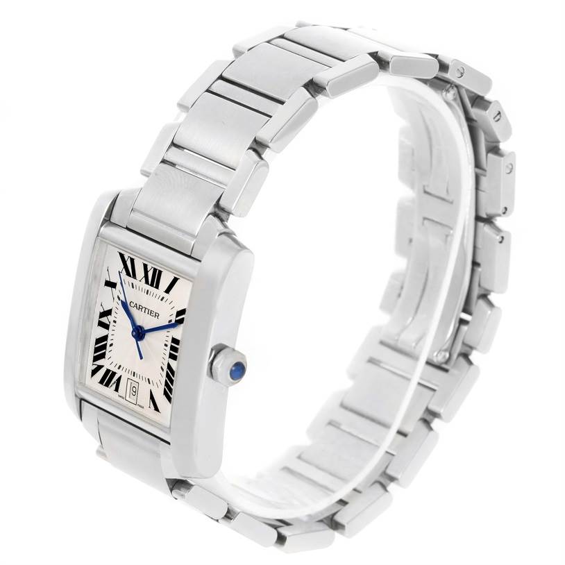 This image shows a Cartier Tank Française watch from an angled side view, highlighting its face, bezel, crown, and metal bracelet.