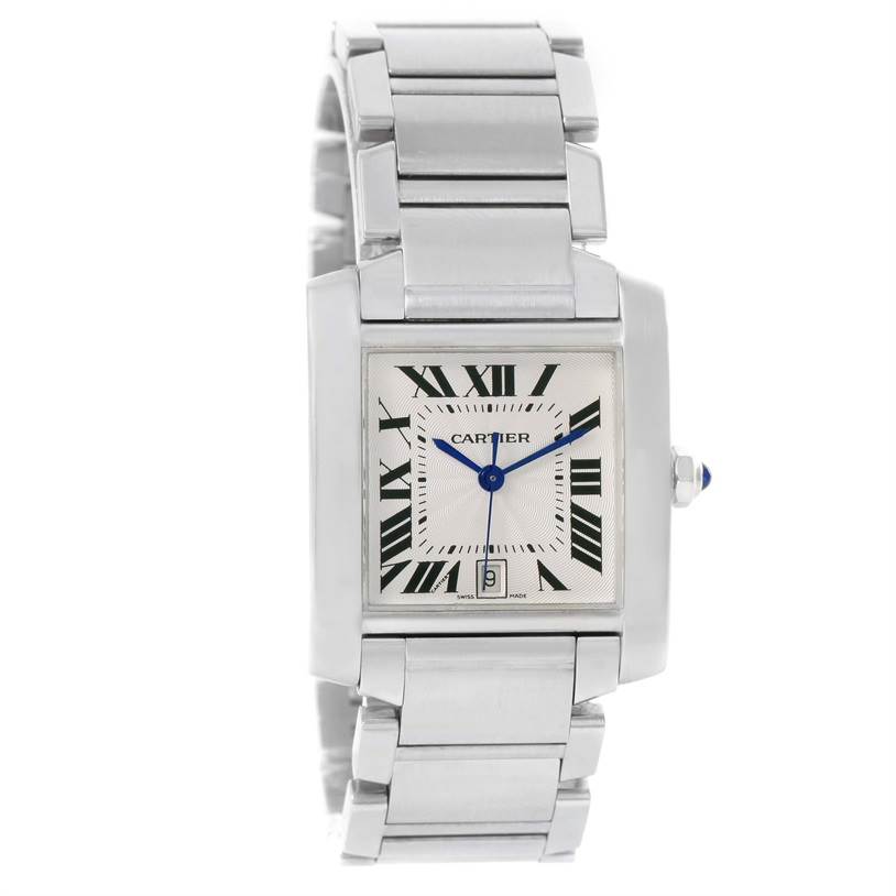 The image shows a frontal view of the Cartier Tank Francaise W51002Q3 Stainless Steel Silver Dial W51002Q3 Stainless Steel Silver Dial watch, including the face, dial, and stainless steel bracelet.