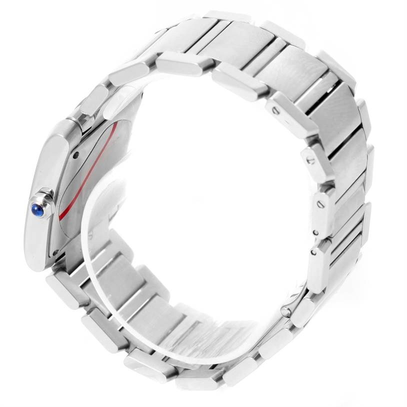 This image shows a side view of a Cartier Tank Francaise W51002Q3 Stainless Steel Silver Dial W51002Q3 Stainless Steel Silver Dial model watch, highlighting the bracelet and part of the watch case.