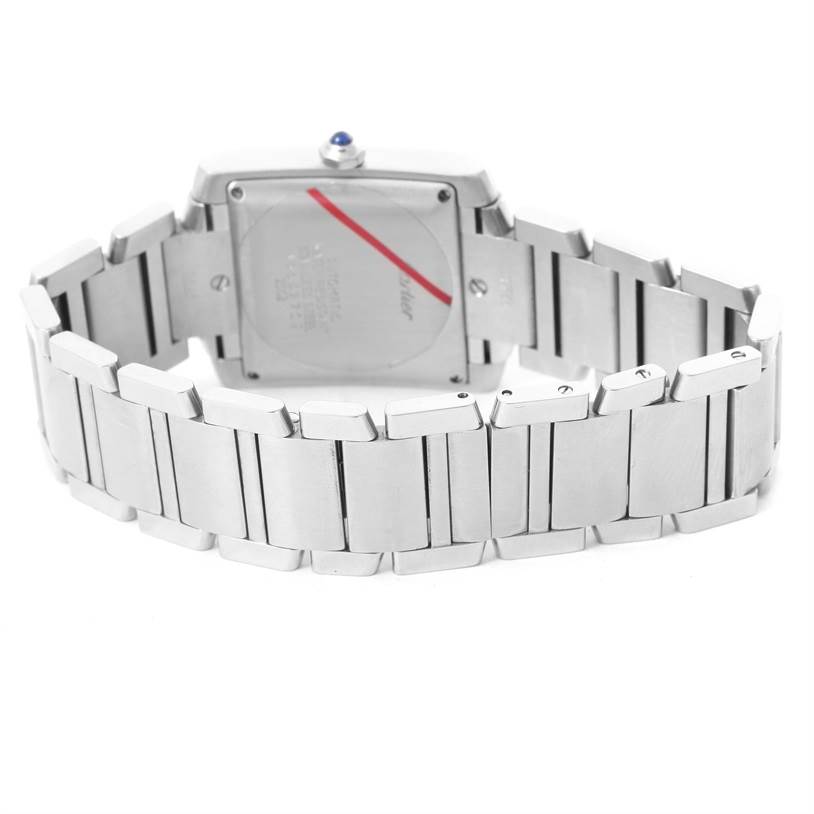 This image shows the back and bracelet of the Tank Française model by Cartier from a rear angle.