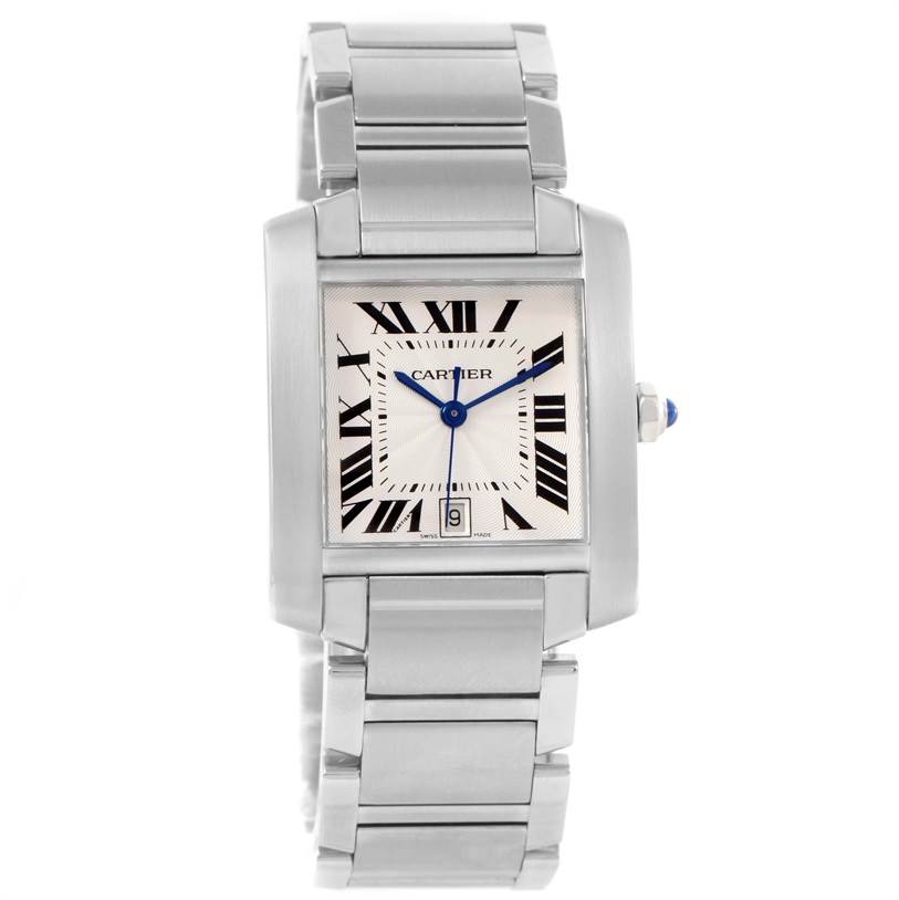 The Cartier Tank Francaise W51002Q3 Men
s Stainless Steel Silver Dial W51002Q3 Men
s Stainless Steel Silver Dial watch is shown from a front angle, displaying the face, bracelet, and crown.