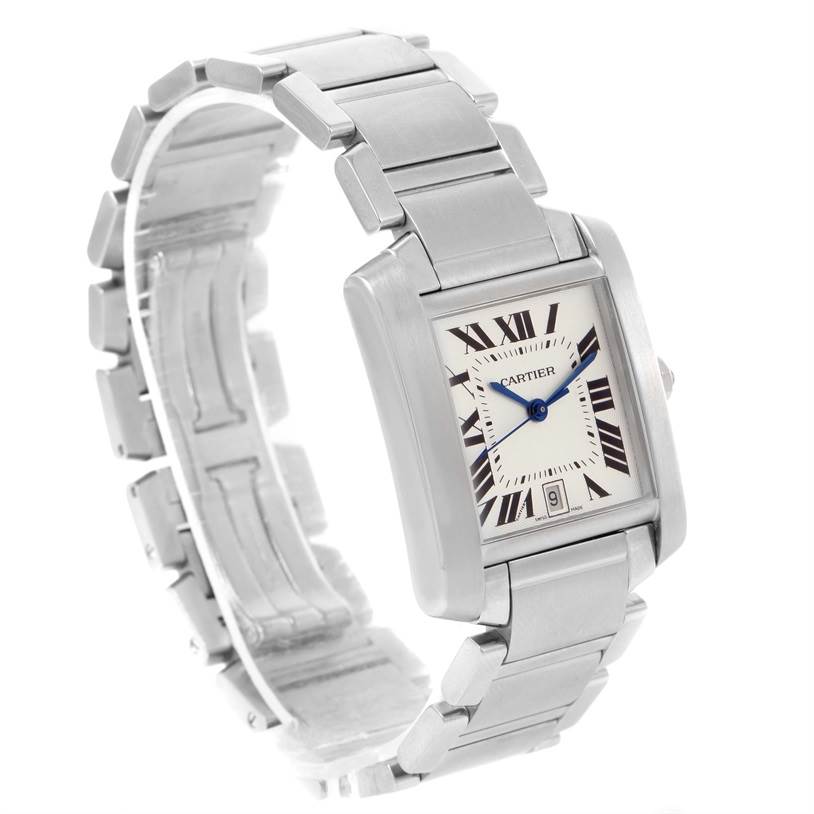 This image shows a Cartier Tank Francaise W51002Q3 Men
s Stainless Steel Silver Dial W51002Q3 Men
s Stainless Steel Silver Dial watch at an angle that highlights its face, bracelet, and clasp.
