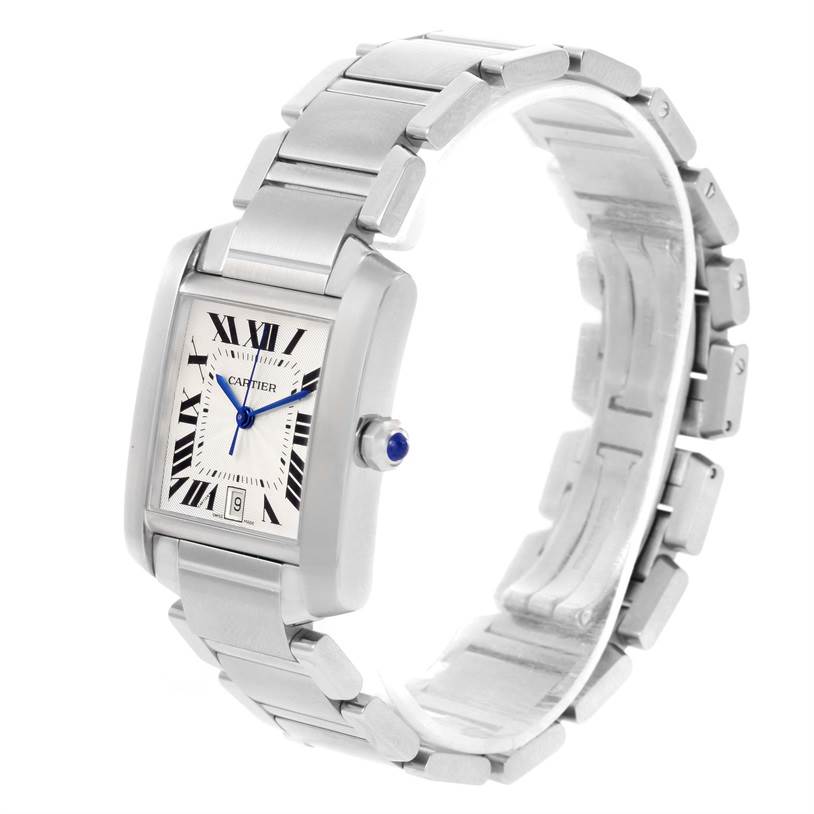 This image shows a Cartier Tank Francaise W51002Q3 Men
s Stainless Steel Silver Dial W51002Q3 Men
s Stainless Steel Silver Dial watch at a slight angle, highlighting the face, crown, and metal bracelet.