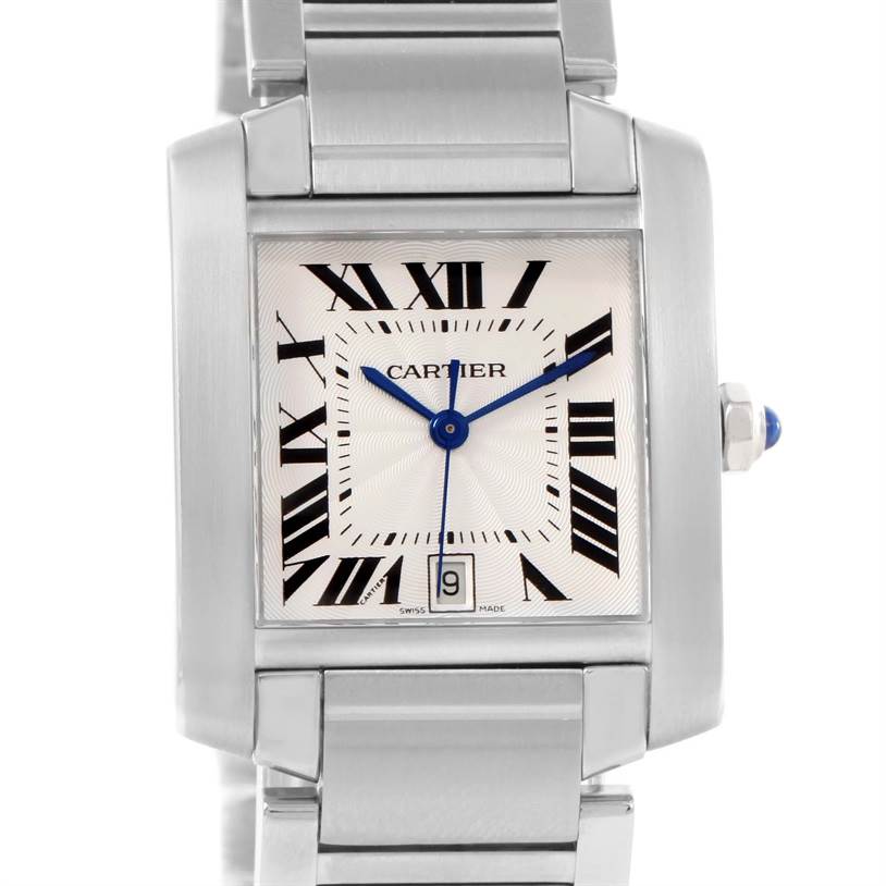 The image shows a front view of the Cartier Tank Française watch, highlighting its dial, Roman numerals, and bracelet.