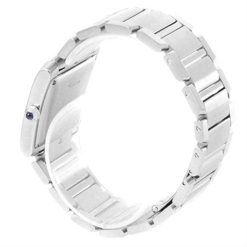 The image shows the side and back view of a Cartier Tank Francaise W51002Q3 Men
s Stainless Steel Silver Dial W51002Q3 Men
s Stainless Steel Silver Dial model watch, highlighting the metal bracelet and the crown.