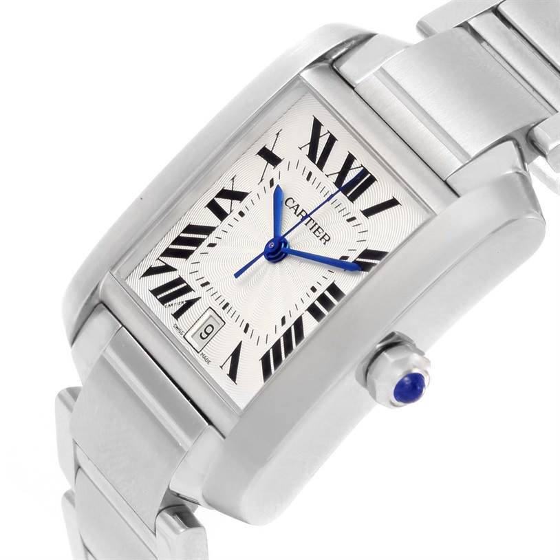 This image shows a Cartier Tank Francaise W51002Q3 Men
s Stainless Steel Silver Dial W51002Q3 Men
s Stainless Steel Silver Dial watch, featuring its rectangular dial, Roman numerals, blue hands, and silver bracelet at an angled view.