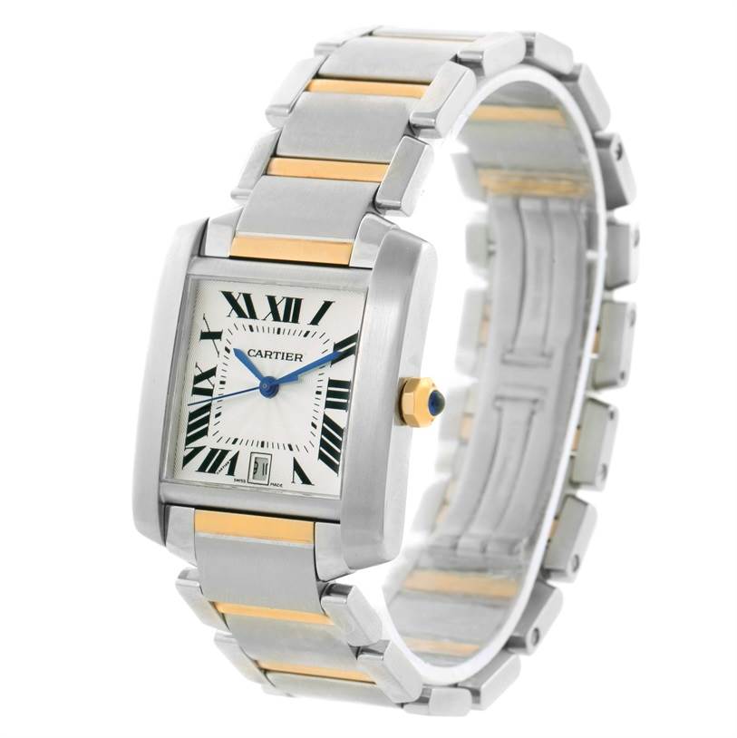 The Cartier Tank Francaise W51005Q4 Men
s Steel and Gold (two tone) Silver Dial W51005Q4 Men
s Steel and Gold (two tone) Silver Dial watch is shown at a three-quarter angle, displaying the face, the side crown, and the two-tone bracelet.