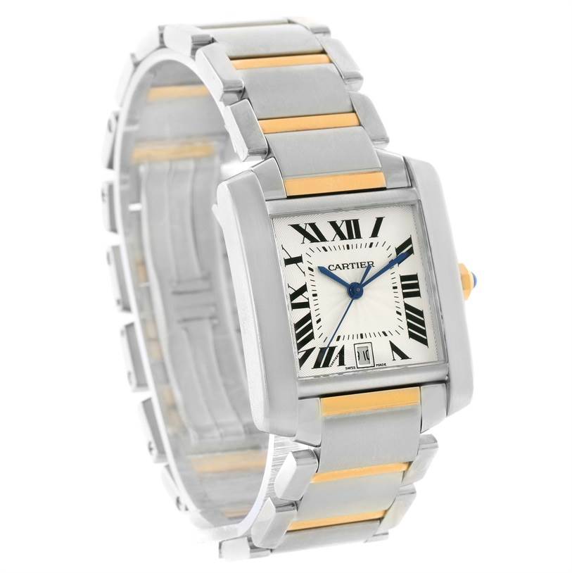 This Cartier Tank Francaise W51005Q4 Men
s Steel and Gold (two tone) Silver Dial W51005Q4 Men
s Steel and Gold (two tone) Silver Dial watch is shown at an angled view, displaying the face, bezel, and two-tone bracelet.