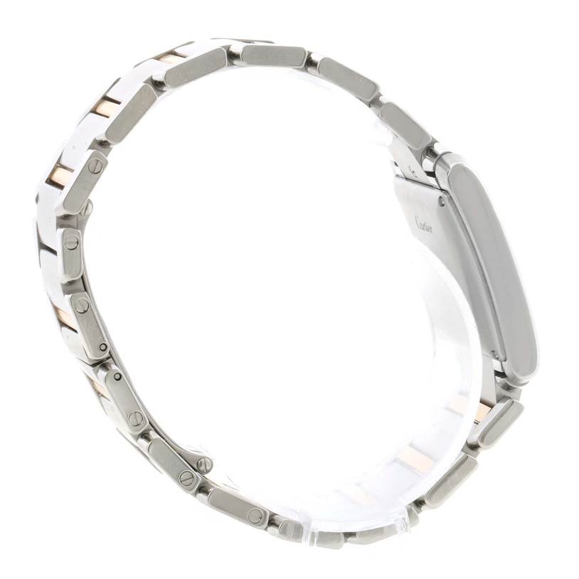 The image shows the side view of a Cartier Tank Francaise W51005Q4 Men
s Steel and Gold (two tone) Silver Dial W51005Q4 Men
s Steel and Gold (two tone) Silver Dial watch, focusing on the metal bracelet and clasp details.