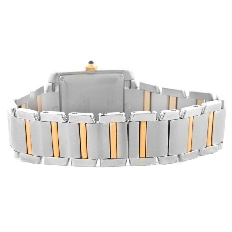 This image shows the back and bracelet of the Cartier Tank Francaise W51005Q4 Men
s Steel and Gold (two tone) Silver Dial W51005Q4 Men
s Steel and Gold (two tone) Silver Dial watch, featuring a two-tone metal design.