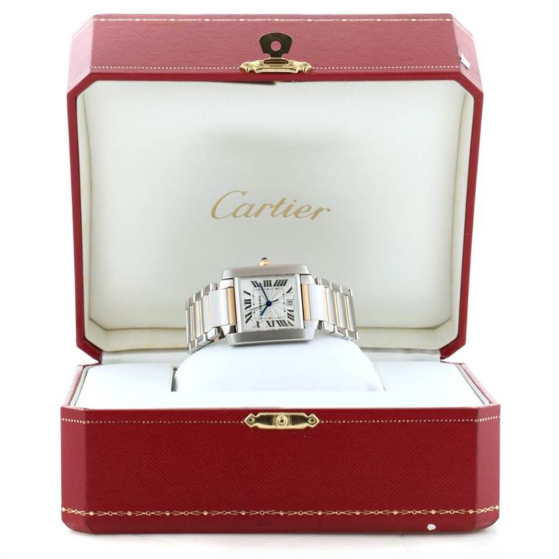 The Cartier Tank Francaise W51005Q4 Men
s Steel and Gold (two tone) Silver Dial W51005Q4 Men
s Steel and Gold (two tone) Silver Dial watch is shown from the front in an open red Cartier box.