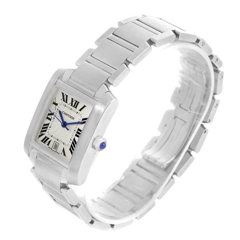 This image shows the Cartier Tank Francaise W51002Q3 Men
s Stainless Steel Silver Dial W51002Q3 Men
s Stainless Steel Silver Dial watch at an angle displaying the face, crown, and bracelet.