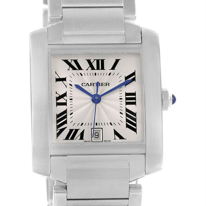 The image shows the front view of the Cartier Tank Francaise W51002Q3 Men
s Stainless Steel Silver Dial W51002Q3 Men
s Stainless Steel Silver Dial watch, highlighting its face, Roman numerals, date display, and part of the bracelet.