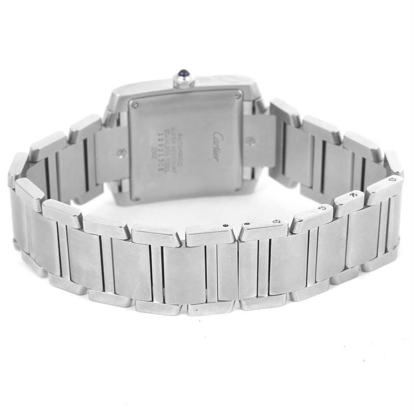 The image shows the back view of a Cartier Tank Francaise W51002Q3 Men
s Stainless Steel Silver Dial W51002Q3 Men
s Stainless Steel Silver Dial watch, highlighting the clasp and bracelet links.