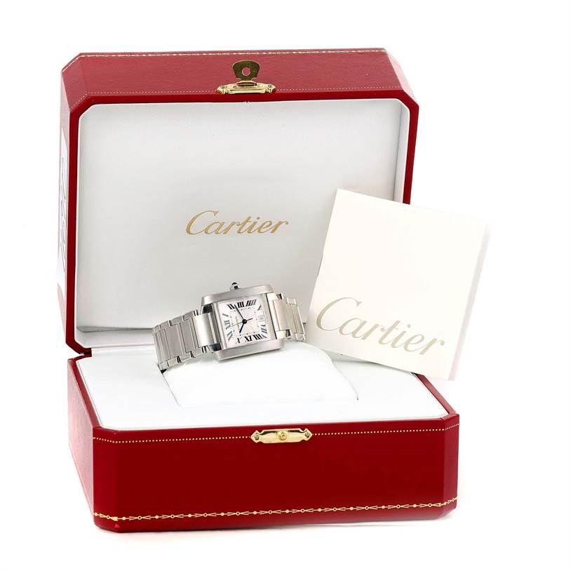 The Cartier Tank Francaise W51002Q3 Men
s Stainless Steel Silver Dial W51002Q3 Men
s Stainless Steel Silver Dial watch is displayed in an open red box with a visible booklet.