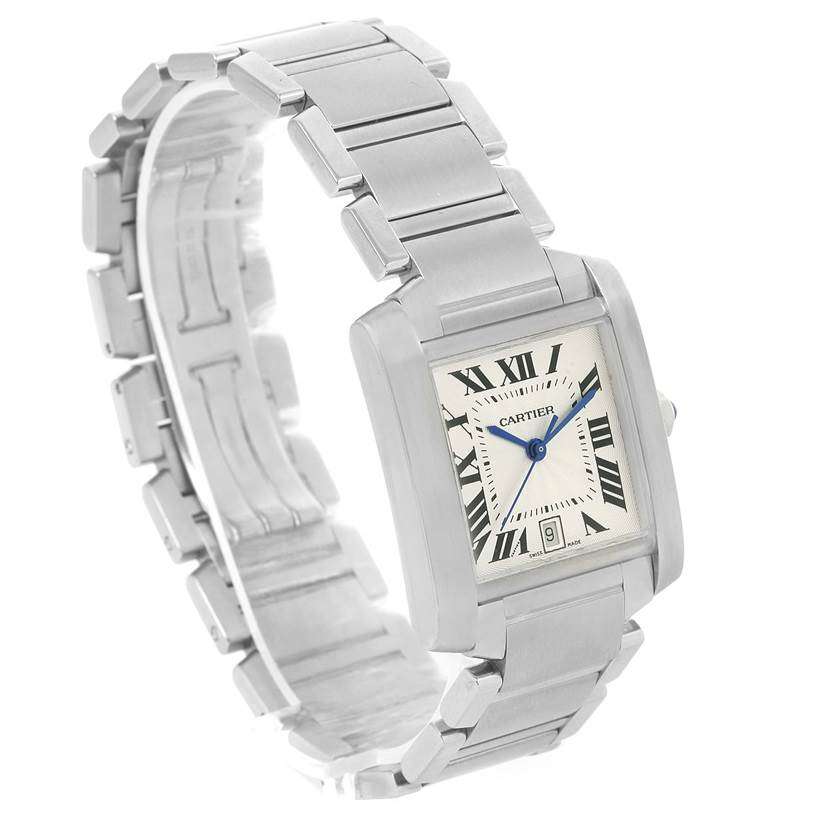 This image shows a Cartier Tank Francaise W51002Q3 Men
s Stainless Steel Silver Dial W51002Q3 Men
s Stainless Steel Silver Dial watch from an angled view, highlighting its bracelet, rectangular dial, and Roman numeral markers.