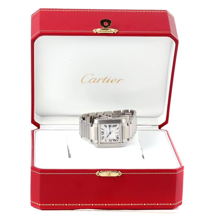 The photo shows a Cartier Tank Francaise W51002Q3 Men
s Stainless Steel Silver Dial W51002Q3 Men
s Stainless Steel Silver Dial watch inside its open red box from a front angle.