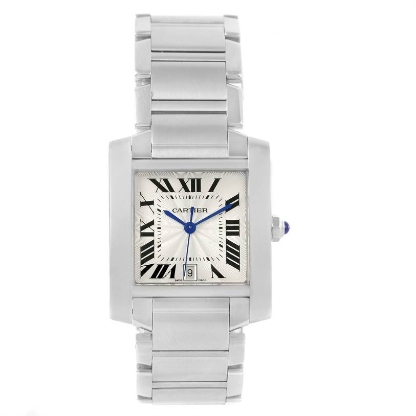 This image shows a front view of the Cartier Tank Française watch, displaying the face, bracelet, and crown.