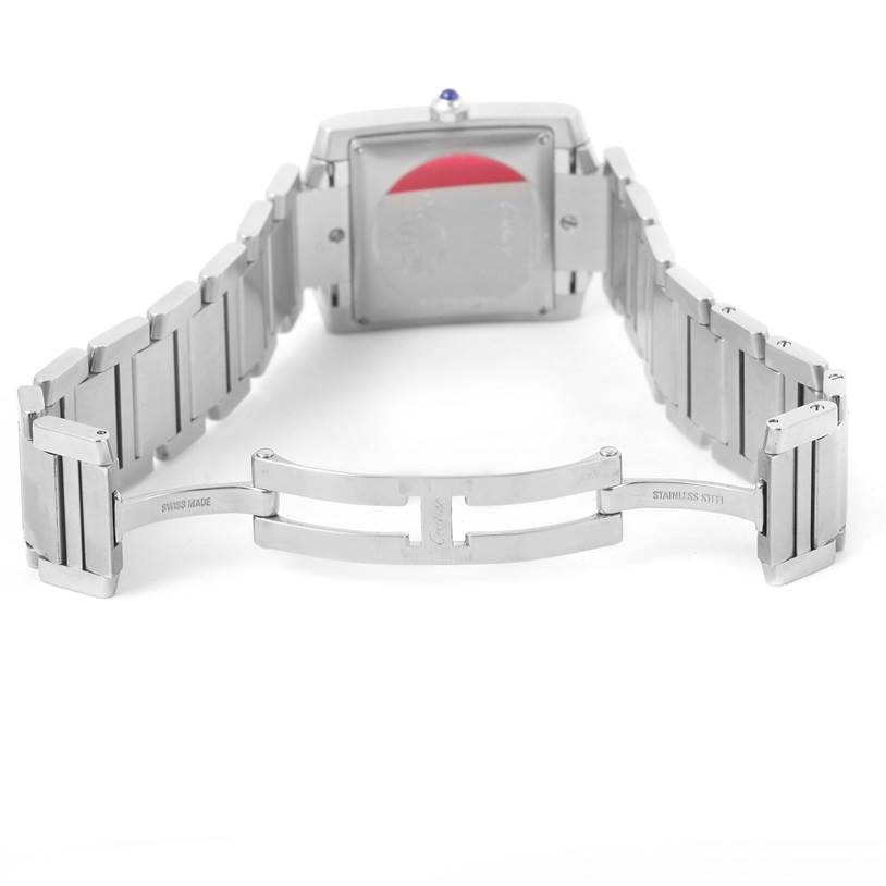 The image shows the Cartier Tank Francaise W51002Q3 Men
s Stainless Steel Silver Dial W51002Q3 Men
s Stainless Steel Silver Dial watch from the back, with the clasp and metal bracelet fully extended.