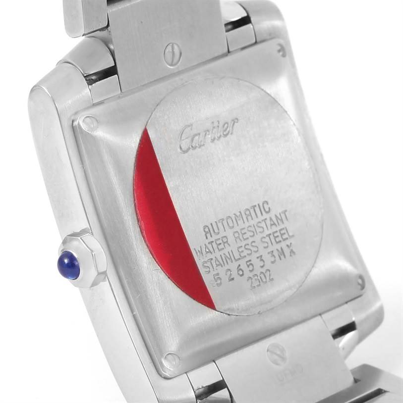This image shows the back case and crown of a Cartier Tank Francaise W51002Q3 Men
s Stainless Steel Silver Dial W51002Q3 Men
s Stainless Steel Silver Dial watch at an oblique angle.