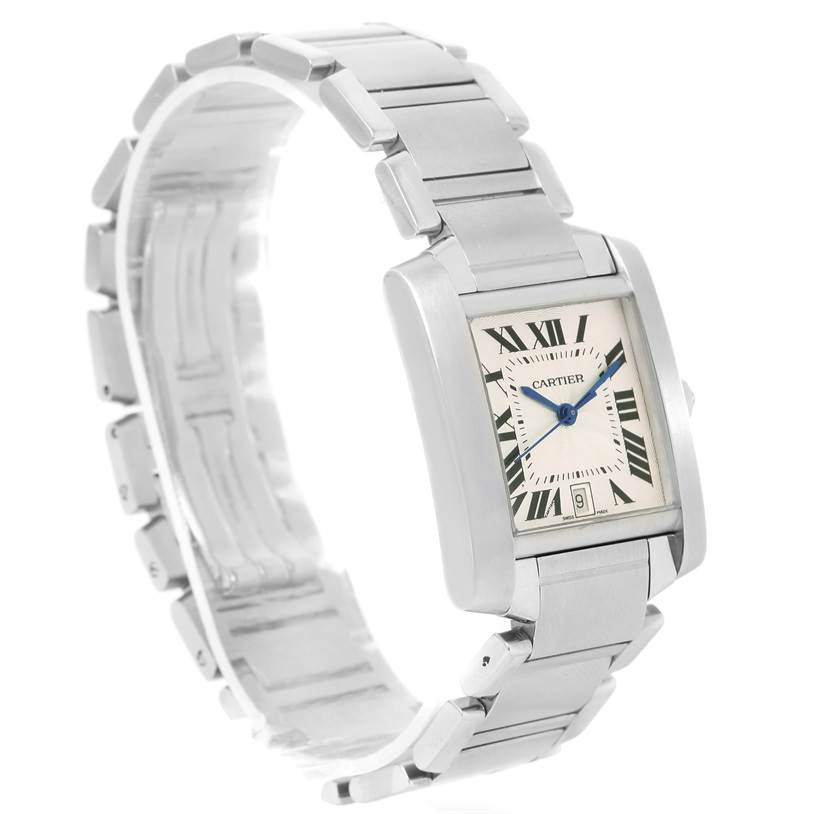 The image shows a Cartier Tank Française watch at a slight angle, displaying its rectangular face, Roman numeral dial, and stainless steel band.