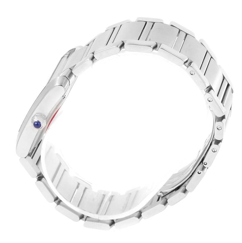 The image shows the side view of a Cartier Tank Francaise W51002Q3 Men
s Stainless Steel Silver Dial W51002Q3 Men
s Stainless Steel Silver Dial watch, highlighting its metal bracelet and crown with a blue cabochon.