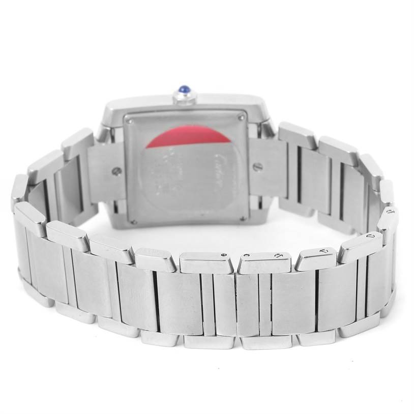 This image shows the back and bracelet of a Cartier Tank Francaise W51002Q3 Men
s Stainless Steel Silver Dial W51002Q3 Men
s Stainless Steel Silver Dial watch at a slightly elevated rear angle.