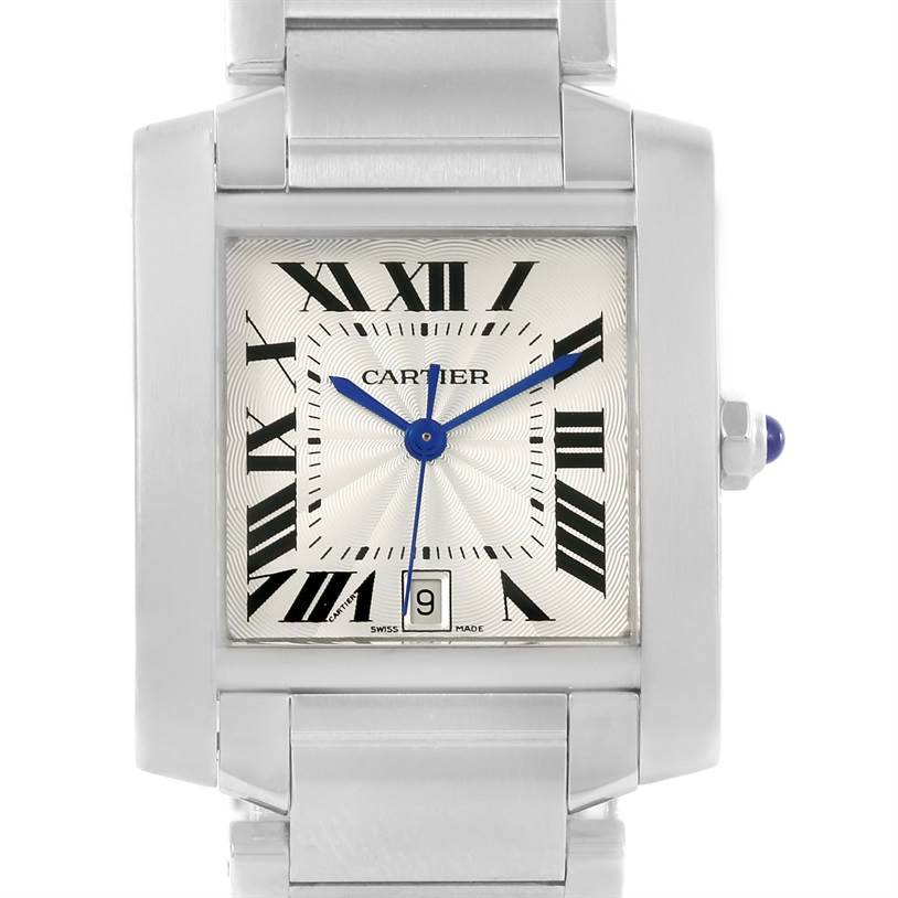 The image shows a front view of the Cartier Tank Francaise W51002Q3 Men
s Stainless Steel Silver Dial W51002Q3 Men
s Stainless Steel Silver Dial watch, highlighting its dial with Roman numerals, blue hands, and date window.