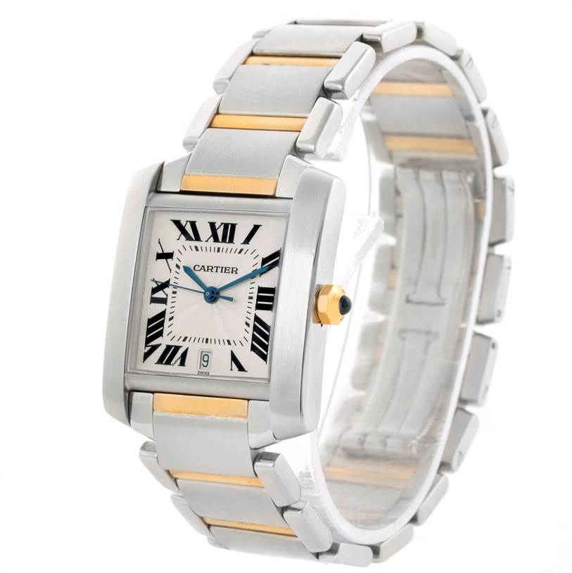 The Tank Francaise by Cartier is shown at a slight diagonal angle highlighting the face, bezel, bracelet, and crown.