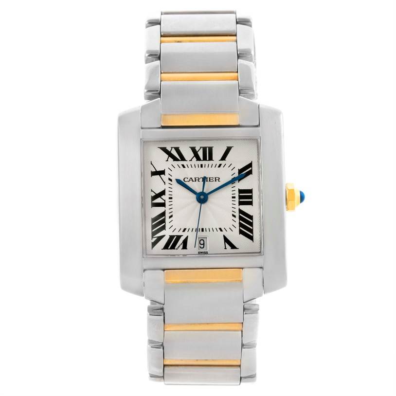 The image shows a front view of the Cartier Tank Francaise W51005Q4 Men
s Steel and Gold (two tone) Silver Dial W51005Q4 Men
s Steel and Gold (two tone) Silver Dial watch, highlighting its face, bracelet, and crown.