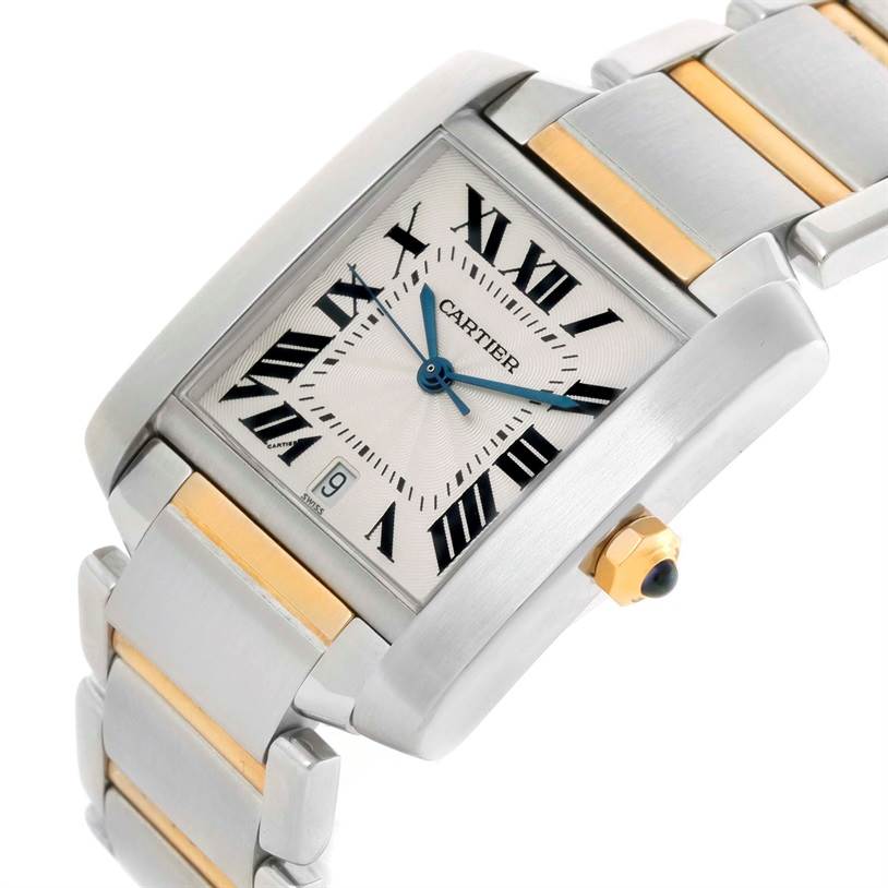 This image shows a close-up angle of the Cartier Tank Francaise W51005Q4 Men
s Steel and Gold (two tone) Silver Dial W51005Q4 Men
s Steel and Gold (two tone) Silver Dial watch, highlighting its face, crown, and part of the bracelet.