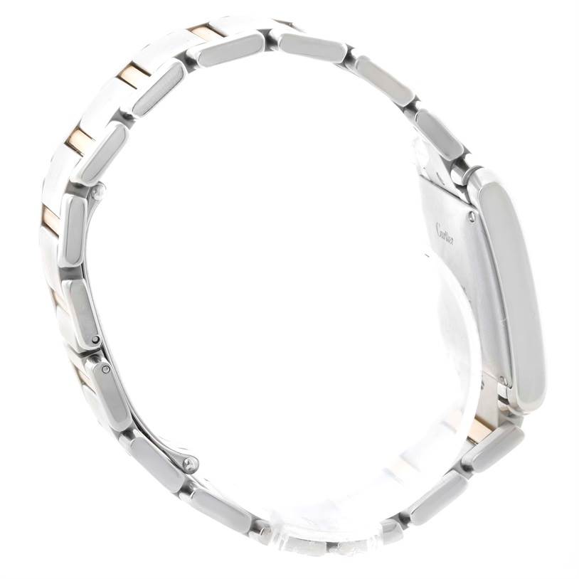 The image shows a side view of the Cartier Tank Francaise W51005Q4 Men
s Steel and Gold (two tone) Silver Dial W51005Q4 Men
s Steel and Gold (two tone) Silver Dial watch, highlighting its metal bracelet and clasp.