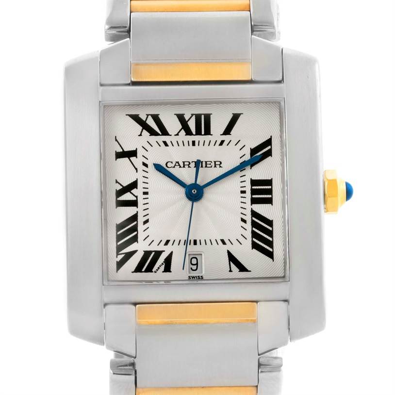 The image shows a front view of the Cartier Tank Française watch, highlighting its rectangular face, Roman numerals, and part of the two-tone bracelet.
