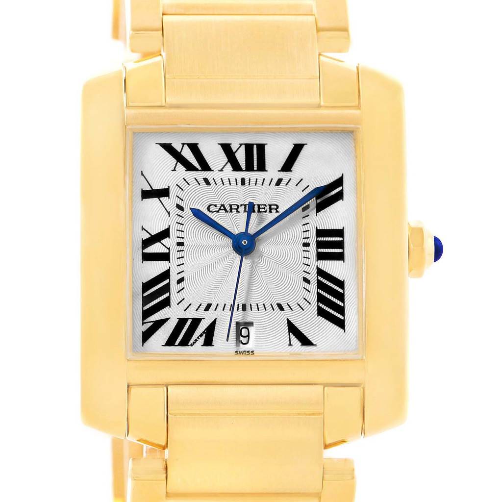 The image shows a front view of the Cartier Tank Francaise W50001R2 Yellow Gold Silver Dial W50001R2 Yellow Gold Silver Dial watch, highlighting its rectangular gold case, dial, and bracelet.