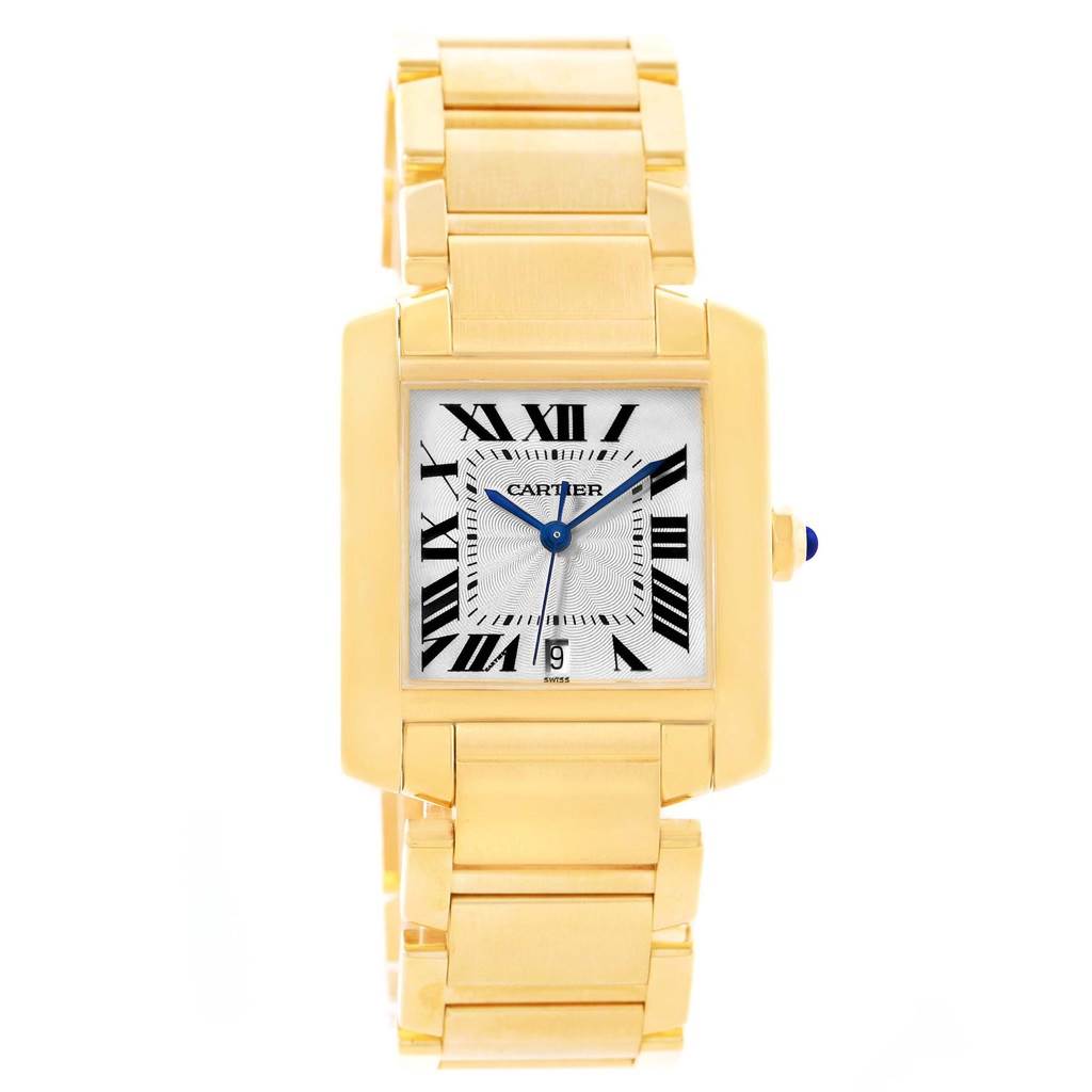 This image shows a front view of the Cartier Tank Française watch, highlighting its gold bracelet, Roman numeral dial, and blue hands.