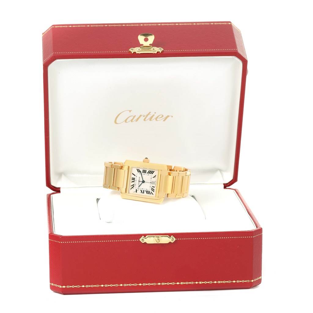 The image shows a Cartier Tank Francaise W50001R2 Yellow Gold Silver Dial W50001R2 Yellow Gold Silver Dial watch in a red Cartier box, viewed from a front angle.